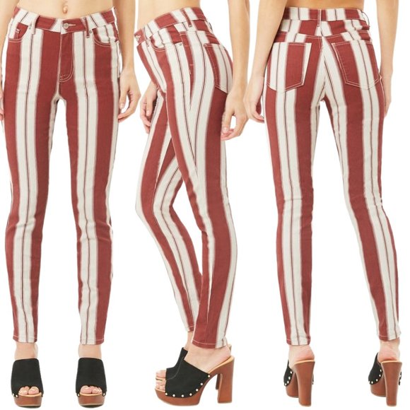 Forever 21 Burgundy & Cream Striped High Rise Jeans - Picture 2 of 5
